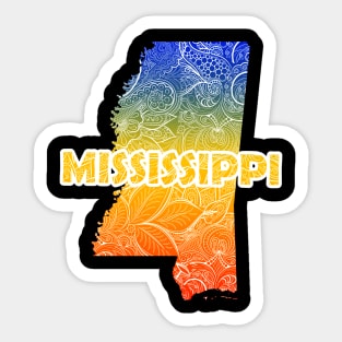 Colorful mandala art map of Mississippi with text in blue, yellow, and red Sticker